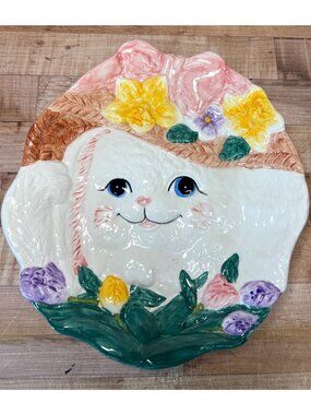 Hand-Painted Ceramic Cat Plate With Floral Hat & Bow Design Vintage